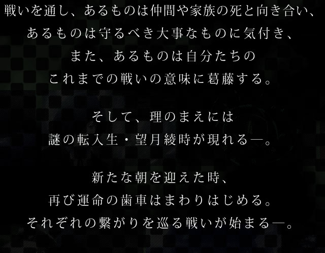 季節は秋へ。異形の怪物「シャドウ」と、主人公・結城 理をはじめとした特別課外活動部の戦いにも終わりが近づこうとしていた。「影時間」を終わらせるために「シャドウ」との死闘を重ねていく理たち。戦いを通し、あるものは仲間や家族の死と向き合い、あるものは守るべき大事なものに気付き、また、あるものは自分たちのこれまでの戦いの意味に葛藤する。そして、理のまえには謎の転入生・望月綾時が現れる―。新たな朝を迎えた時、再び運命の歯車はまわりはじめる。それぞれの繋がりを巡る戦いが始まる―。